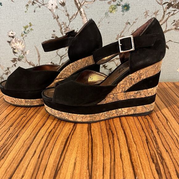 Terry de Havilland Shoes - Terry de Havilland D-Havz Platform Wedge Sandals Black Suede / Cork Sz 36 / 5.5